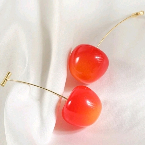 🍒 Cherry On top Cherry  Gold Plated  Stem Drop Earrings OS) 🍒 - Picture 2 of 5